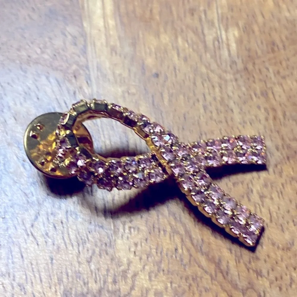 Vintage Ballou Pink Rhinestone Pink Ribbon Breast Cancer Lapel Pin Ladies Brooch